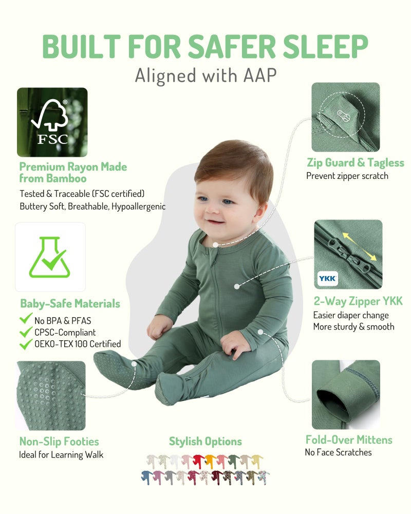 HAPIU Rayon from Bamboo Baby Footed Pajamas, 2 Way Zipper YKK, Footie for Baby Boy Girls, Newborn-24 Months, 2-Pack, Dark Forest Green&Dark Grey, 0-3 Months - Image 2